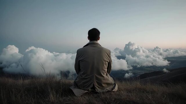 Man in deep contemplation sits on a hillside, absorbed in thought, and gazing at cloudy sky