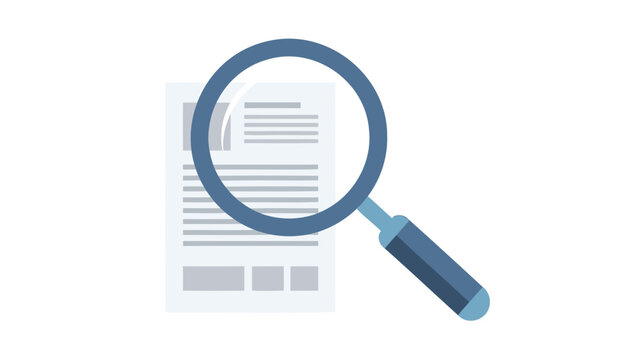 Magnifying glass examines document with lines and rectangles on white background symbolizing search and investigation