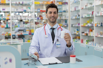 Male pharmacist or doctor holding medicine bottle and blister pack with smile. Healthcare...