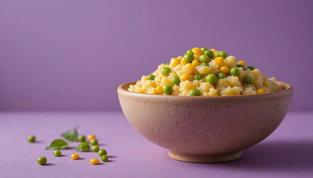 Traditional East African Irio with Mashed Potatoes, Peas, and Corn in a Ceramic Bowl. Side-Angle Food Photography on Lilac Background with Ample Copy Space.