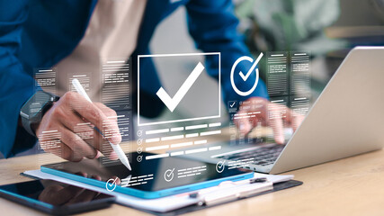 Business professional approving digital documents with checkmark icons on virtual interface. Concept of workflow automation, compliance verification, process approval, and document management system. © Smile Studio AP