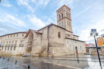 San Bartolome Church (Iglesia) Facade, Mudejar Style Tower, Gothic Portal, Logrono, La Rioja, Spain