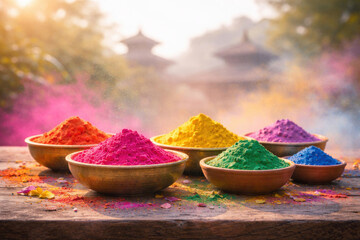 Nepal Fagu Purnima Festival, Colorful Holi Powder In Bowls On Wooden Table
