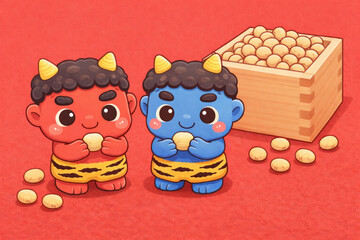 Setsubun Japanese Spring Festival Illustration, Kawaii Red And Blue Oni Demons With Lucky Soybeans (Fuku Mame)