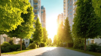 Obraz premium Modern apartment buildings with green trees and bright sun light. Urban residential area with vivid foliage. Sustainable city living.