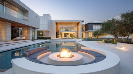 Modern luxury mansion with infinity pool and central fire pit at dusk. Serene outdoor living space featuring sleek architecture and ambient flames.