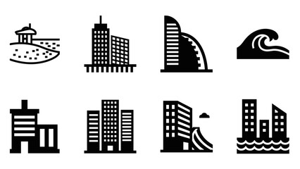 Obraz premium Black and white silhouette icons of buildings and nature elements