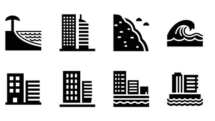 Obraz premium Beach and city icons: minimalist black silhouette set