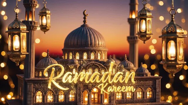 Intricate Islamic Mosque with Illuminated Lanterns During Sunset