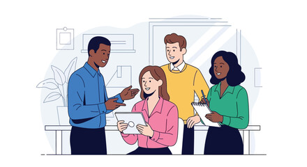 Diverse group of people collaborating and smiling in an office setting