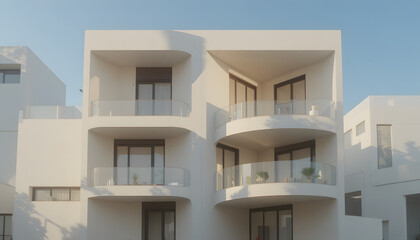 Modern white apartment building with curved balconies and glass railings