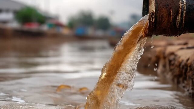 Dirty Water Pollution: A stream of polluted, murky water gushes from a pipe, flowing into a river and highlighting the environmental impact.