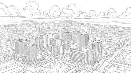 Detailed urban skyline with skyscrapers and clouds in linear drawing