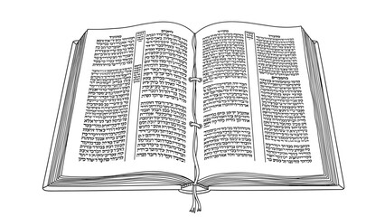 Fototapeta premium Open book with hebrew text in linear style - black and white outline