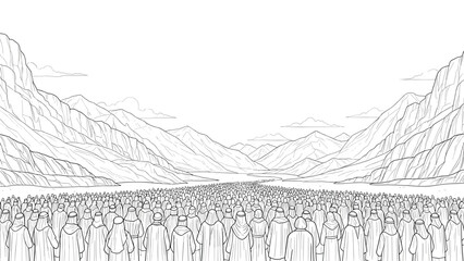 Fototapeta premium Vast crowd in mountainous landscape scene
