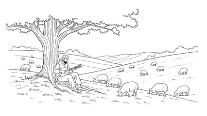 Obraz premium Peaceful shepherd playing music under a tree in a pastoral landscape