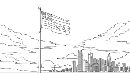 Obraz premium City skyline line art with flag and sunset background