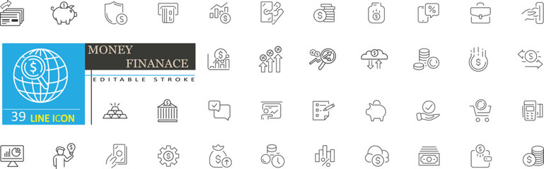 Money and Finance Line Icons Set. Banking, Investment, Savings, Payment and Business Editable Stroke Icons Vector