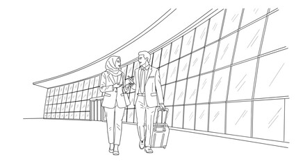 Business professionals walking at airport terminal line art illustration