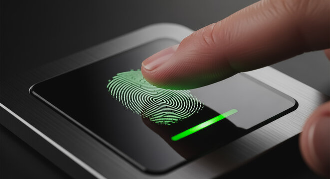 Close-up of a human finger scanning a biometric security device, showing digital green fingerprint data on the reader screen for secure identity verification and access control