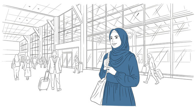 Linear art of travelers at modern airport terminal with glass facade