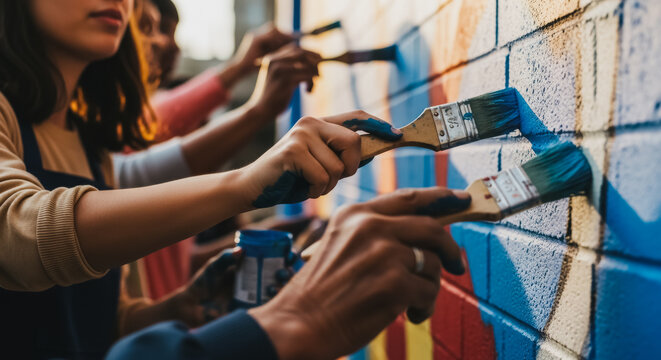 Close-up of diverse people painting a colorful mural on a brick wall, focusing on hands holding brushes with blue paint, representing teamwork, creativity, and community art projects.