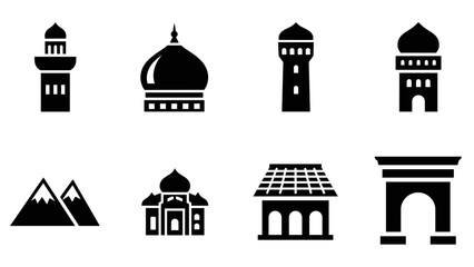 Fototapeta premium Landmark silhouettes: mosque, tower, mountain, pillar icons