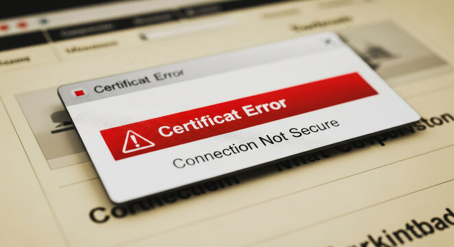 SSL Certificate Error Warning Dialog Box on Computer Screen Displaying "Connection Not Secure" Message, Indicating a Browser Security Issue, Cyber Risk, and Authentication Failure.
