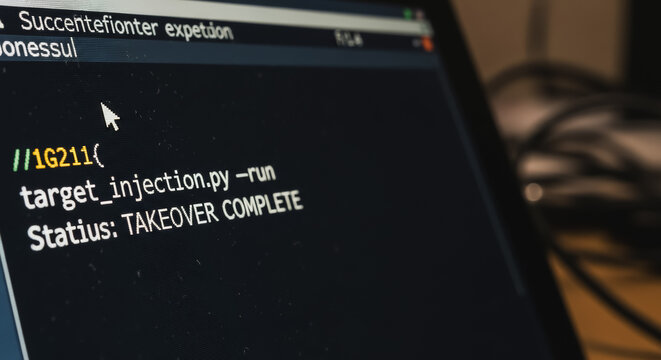 Cyber Attack Success: Close-up of computer screen terminal displaying "TAKEOVER COMPLETE" status, Python injection script, hacking operation, cybersecurity breach, and system control