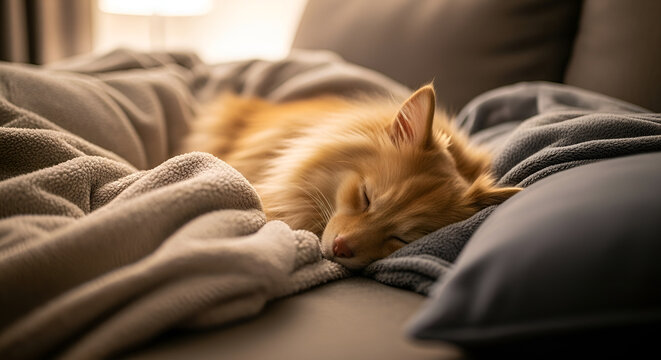 Sleeping orange dog on a cozy couch with blankets