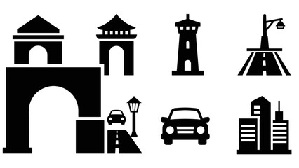 Obraz premium Silhouette cityscape and landmark icons featuring bridges and buildings