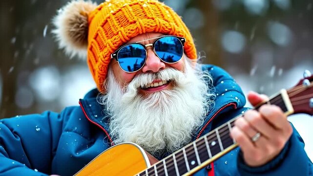 A man with a long white beard and sunglasses playing a guitar