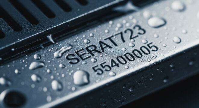 Extreme Macro Shot of Water Droplets on Metallic Serial Number Plate SERAT723, Highlighting Waterproof Industrial Technology, Durability, and Product Identification