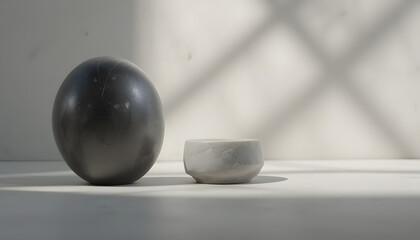 Elegant black and white stone spheres on minimalist background