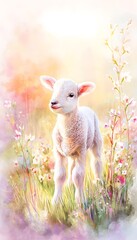 Fototapeta premium Sweet lamb illustration springtime meadow soft pastel colors idyllic scene warm gentle atmosphere