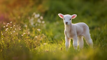 Obraz premium Gentle spring lamb enjoys soft sunlight on lush green meadow a cheerful pastoral scene