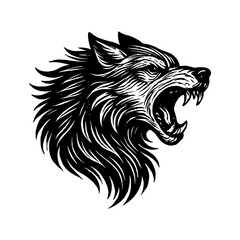 Fototapeta premium Fierce roaring wolf head illustration in black and white.