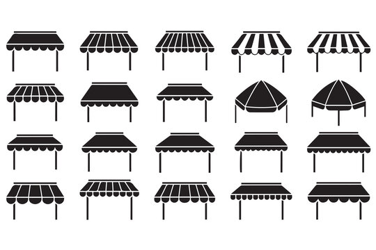 Storefront Awning and Outdoor Canopy Icon Set - Striped Sunshade Vector Silhouettes