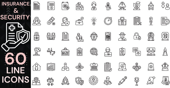 Insurance Security Line Icon Set Featuring Policy Protection, Risk Management and Secure Data Symbols