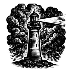 Fototapeta premium Intricate black and white illustration of a lighthouse amidst swirling clouds.