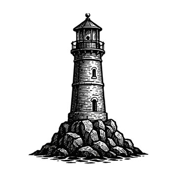 Black and white lighthouse on rocky shoreline illustration.