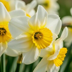 Fototapeta premium Vibrant macro close-up of daffodils with creamy white petals and bright yellow centers. Soft green bokeh background highlights delicate floral textures and natural beauty.