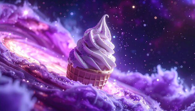 Swirled Soft Serve Ice Cream Cupcake in a Waffle Cone Floating in a Vibrant Purple Cosmic Galaxy Space with Sparkles, Fantasy Surreal Dessert for Sweet Food Concept and Creative Design