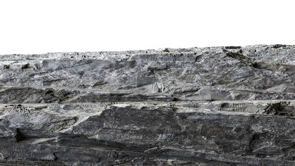 A rugged and rocky cliffside or quarry with layered rock formations and excavated areas, showcasing geological texture and mining activity on transparent background. on transparent background
