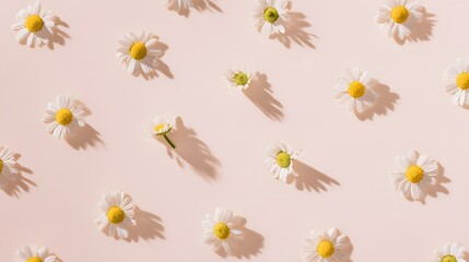 Obraz premium Serene chamomile blossoms arranged on blush pink background a calming floral flat lay design