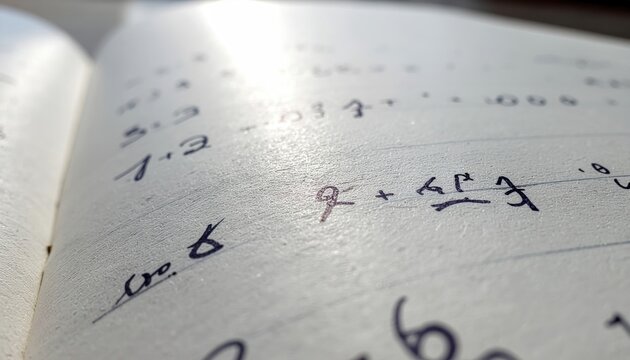 Mathematical Notations: A close-up of a notebook page filled with handwritten mathematical equations, formulas, and numbers, suggesting study, calculation, or problem-solving.