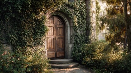 Fototapeta premium Old wooden door of a stone building covered in ivy. Concept of mystery, hidden entrance, or new beginnings. For fantasy book cover.