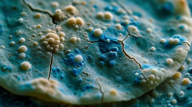 8K Bio-Realism: Hyper-detailed macro of aged blue mold and moist fungal clusters on cracked Indian flatbread