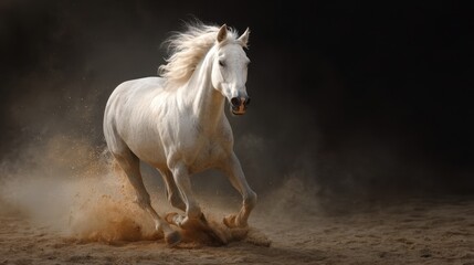 Fototapeta premium White horse running across sandy arena kicking up dust. Dynamic motion and powerful animal concept for nature and freedom.