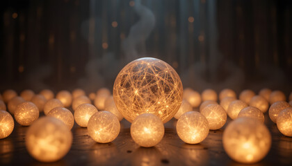 Glowing orbs illuminate dark space with warm light